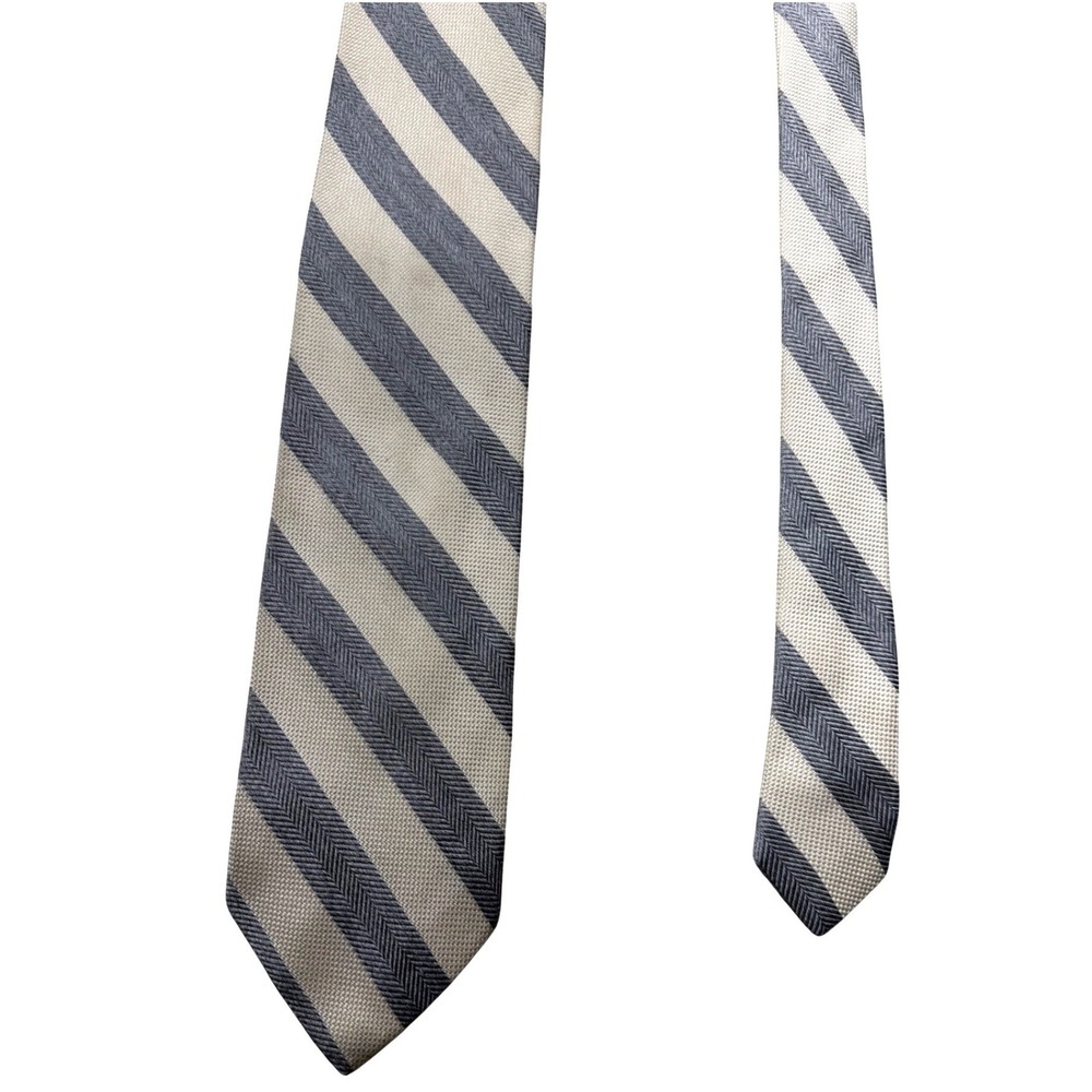 Paul Fredrick Mens Silk Necktie Gray Cream Herringbone Diagonal Stripe Tie‎